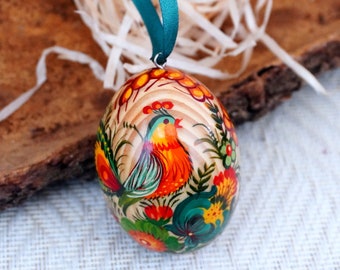 Ukrainian Easter eggs painted traditional with bird and flowers Petrykivka-painting art, Adorable handmade Easter decorations