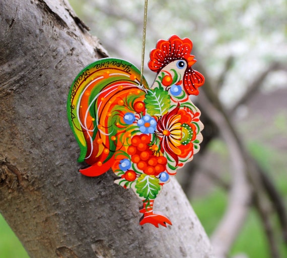 Buy Rooster Christmas Ornaments Made of Wood and Hand Painted Chicken  Christmas Decorations Ukrainian Traditional Handmade in Petrykivka Style  Online in India 