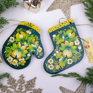 Christmas stocking decorations and wooden Christmas mitten ornaments handmade, hand painted in ukrainian original Folk-syle Petrykivka.