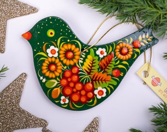 Bird Christmas ornaments wooden and hand painted in ukrainian traditional Petrykivka Style