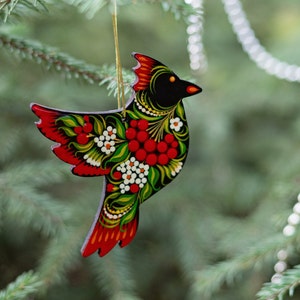 Kardinal Weihnachtsschmuck Holz Handbemalt mit Blumenmuster der Ukrainischer Petrykiwka-Malerei Bunter Vogel Rotkardinal Christbaumschmuck
