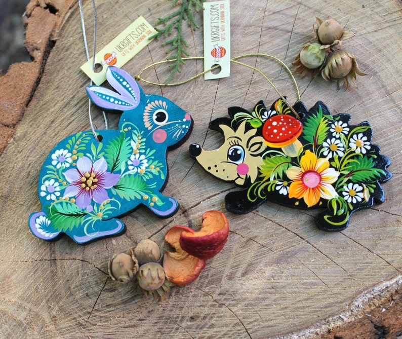 Wooden Christmas animal ornaments hand made set Rabbit Etsy