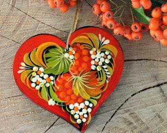 Heart hanging decoration Ukrainian wooden hand painted Heart shaped ornament handmade in Ukraine with Petrykivka handicraft