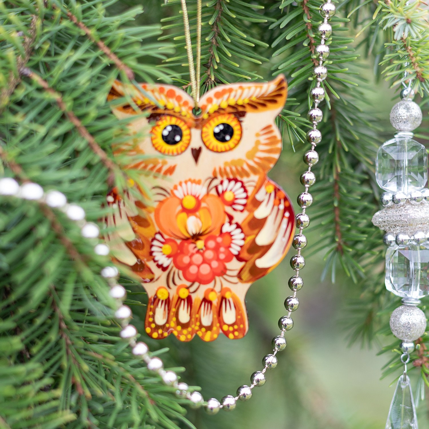 新品★オカメインコ★ルチノー★クリスマス・オーナメント★木製★一点もの★アート★ Animal Christmas Ornaments Wooden Set - Owl, Hedgehog, Squirrel