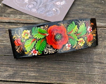 Unique hair barrette Hand painted wooden hair clip with floral colorful patterns, Ukrainian Folk Art Hair Accessory Traditional Style