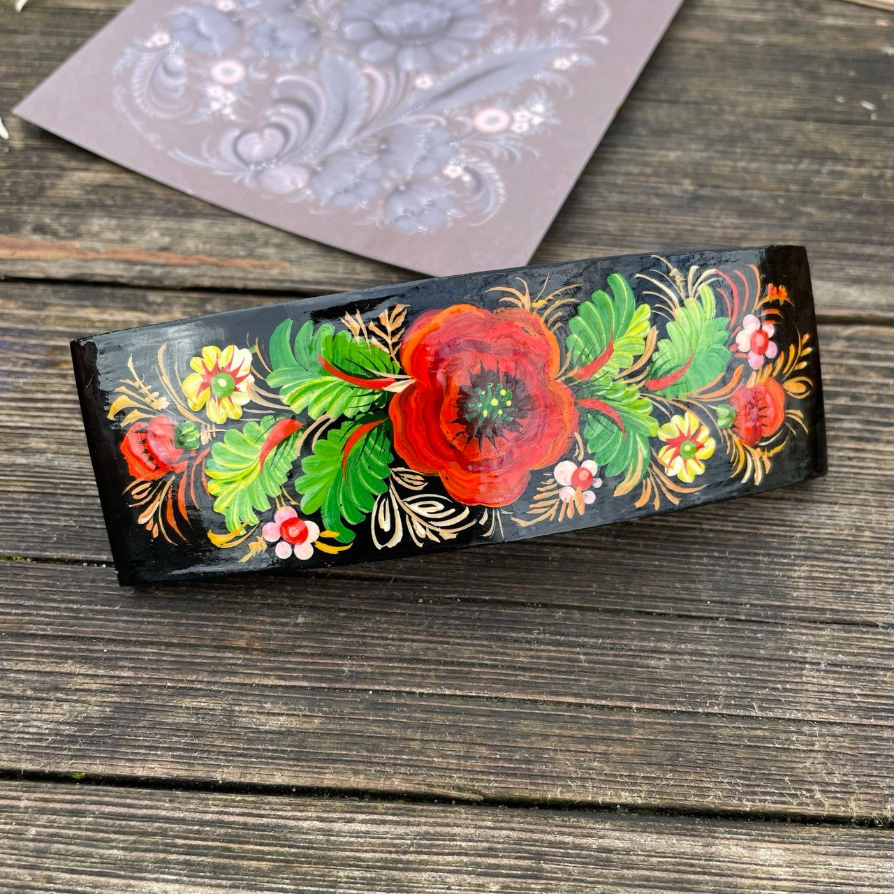 Barrette à Cheveux Russe Peinte à La Main – Bois Artisanal Vert Taille M