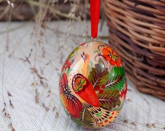 Exclusive Hand Painted Easter Egg with Bird and Floral Pattern Ukrainian Petrykivka Painting Art Easter Decorations Traditional Handcrafted