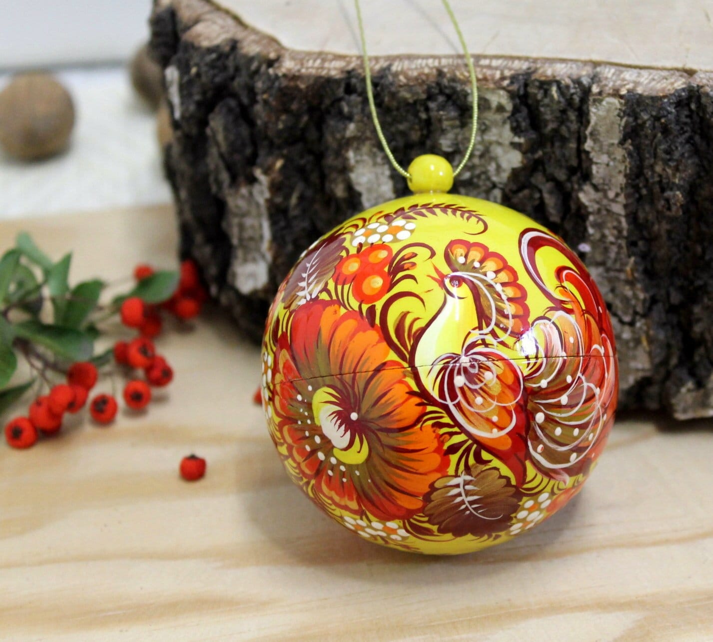 Hand painted Christmas ball openable wooden handmade with original Petrykivka painting, unique handpainting, special Christmas decoration