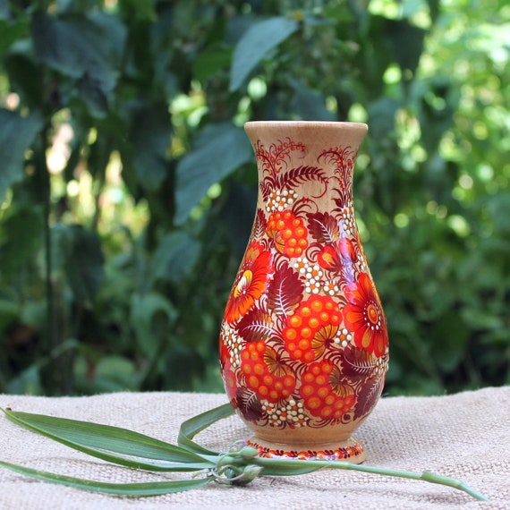 Hand Painted Wooden Vase Wonderful Birds Ans Flowers of Ukrainian