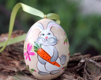 Oeuf de Pâques en bois peint Lapin de Pâques et carotte, Oeufs de Pâques ukrainiens à suspendre Pysanky