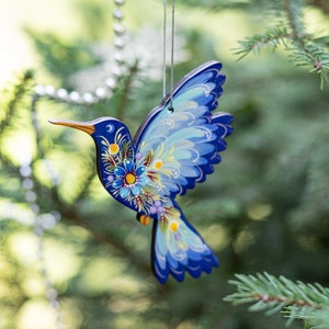 Kolibri Christbaumschmuck Vogel Holz Handbemalt Ukrainische Blumenmuster Petrykiwka-Malerei  Vögel Anhänger Nostalgischer Weihnachtschmuck