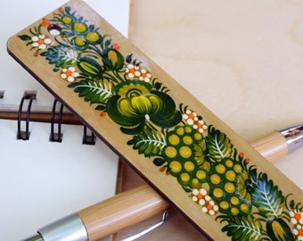 Handmade bookmark wooden Ukrainian hand painted with Petrykivka painting must have for book lovers