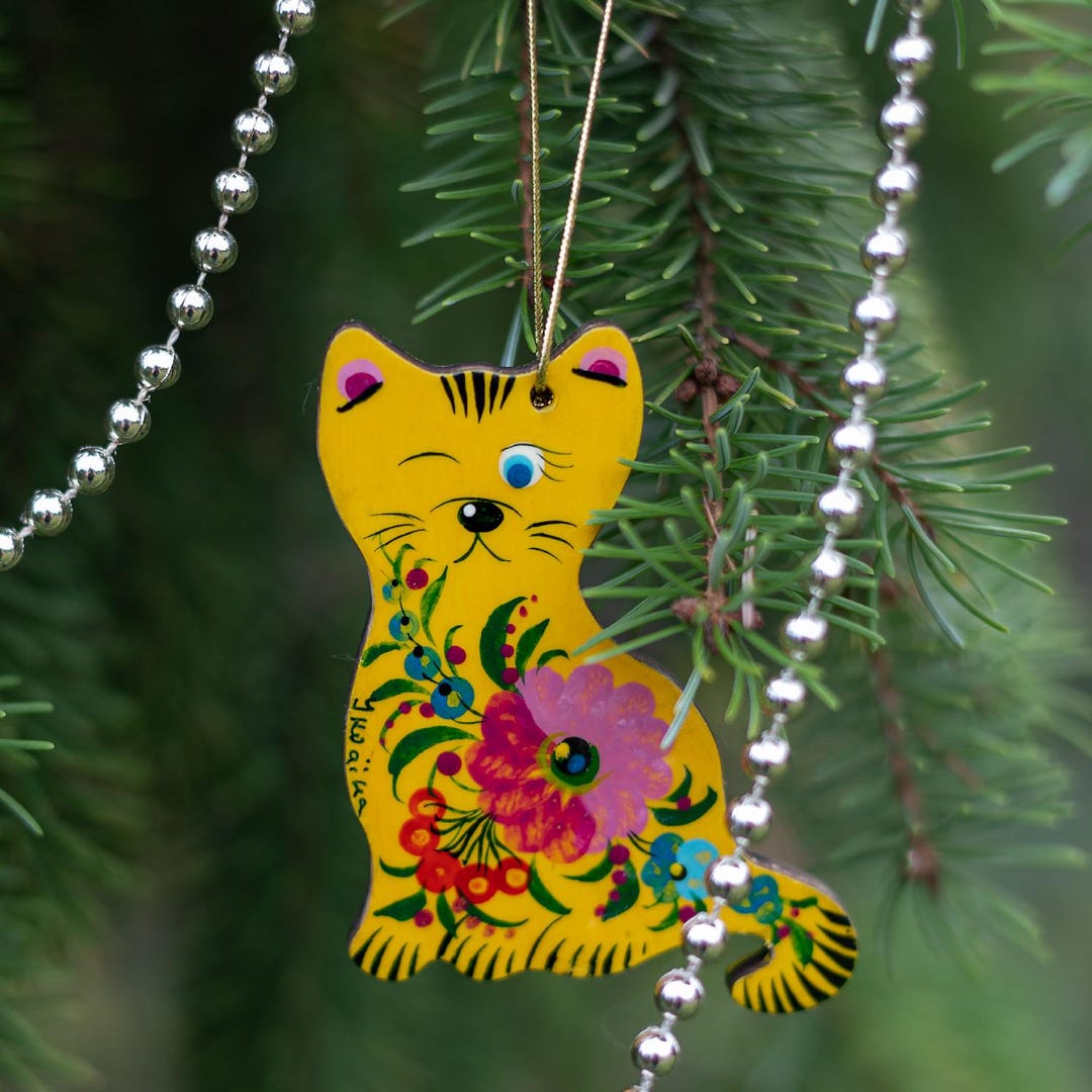 Divertida decoración para árbol de Navidad con forma de gato, de madera,  finamente pintada a mano según la tradición ucraniana, animales colgantes 