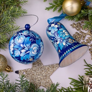 Unique handmade Christmas ornaments set of wood, Hand painted Christmas ball 5,5 cm openable and Christmas bell 6.5 cm decoration Ukrainian Blue