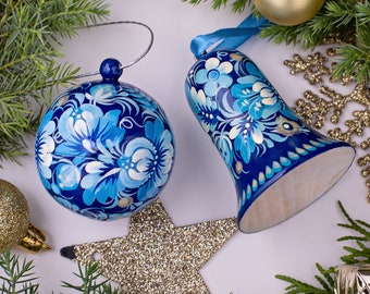 Unique handmade Christmas ornaments set of wood, Hand painted Christmas ball 5,5 cm openable and Christmas bell 6.5 cm decoration Ukrainian