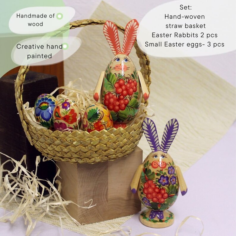 May include: Hand-painted wooden Easter bunny figurines with floral designs, a straw basket, and three small painted eggs. The set includes two bunnies and is handmade of wood.