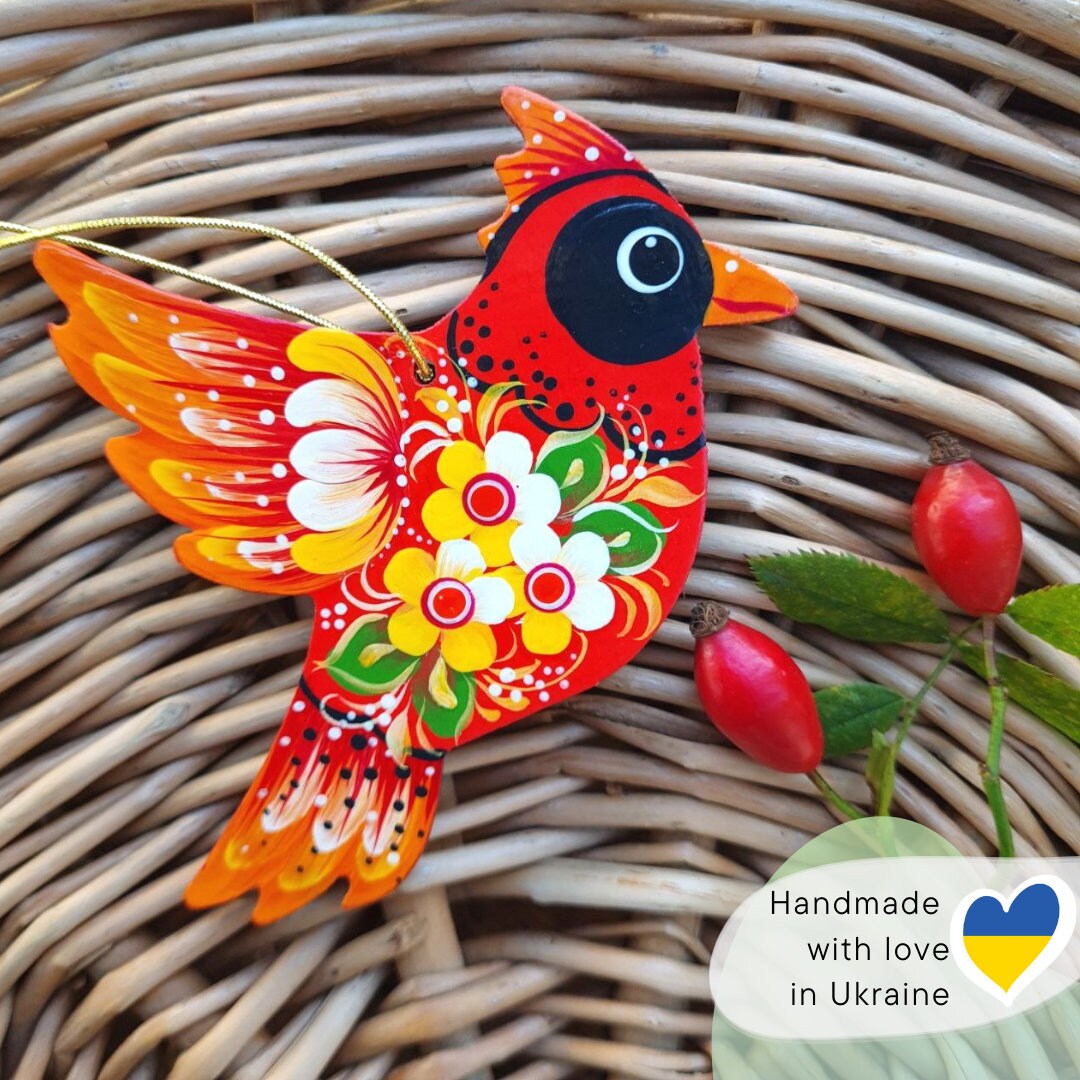 赤い鳥カーディナルクリスマスオーナメント木製ウクライナ手工芸品鳥
