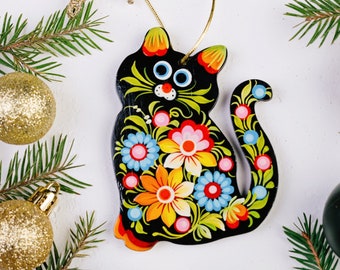 Christmas ornaments Black Cat, handmade wooden Christmas tree animal decorations unique hand painted tree ornament Ukrainian folk art