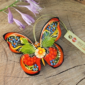 Butterfly Christmas ornament of wood hand painted Christmas tree decorations handmade Ukrainian style Petrykivka