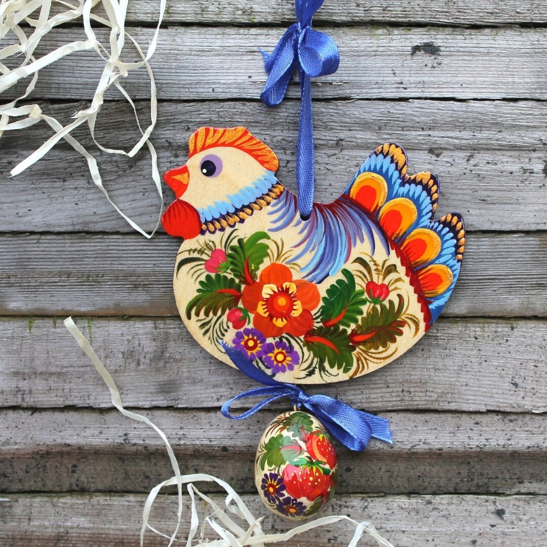 Chicken Easter decoration with small Easter egg fine hand painted Wooden chicken Ornament Ukrainian handmade