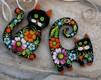 Black cats fridge magnets Set - animal wooden magnets figures - Cat Collector Gifts -cats lovers gifts - cats in love magnets hand painted