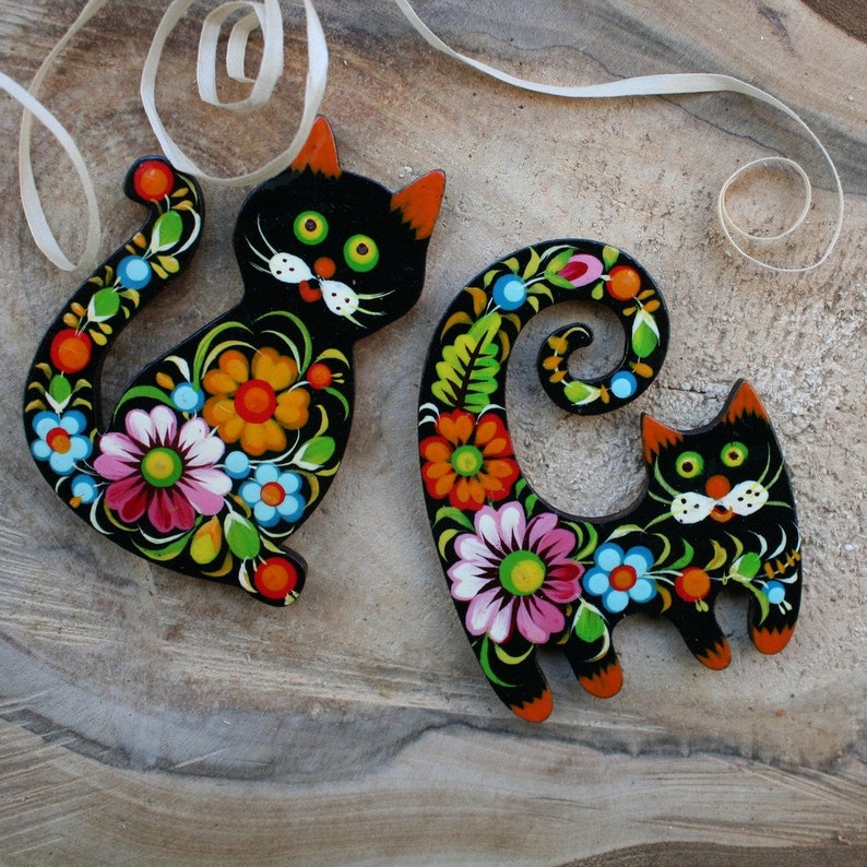 Black Cats Fridge Set Animal Wooden Figures Etsy