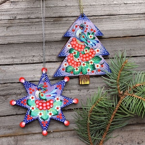 Ukrainian handmade wooden Christmas ornaments Star and Tree decorations hand painted in Ukrainian tradition Petrykivka painting