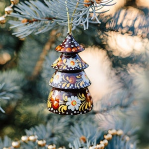Small Christmas Bell Ornament Handcrafted Wooden Christmas Tree Shaped Painted Ornaments Bells Floral Patterns of Ukrainian Petrykivka Art