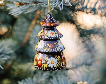 Small Christmas Bell Ornament Handcrafted Wooden Christmas Tree Shaped Painted Ornaments Bells Floral Patterns of Ukrainian Petrykivka Art