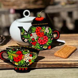 Tea Time Christmas Ornaments Set Teapot & Cup Wooden Hand-painted Ukrainian Christmas Ornaments Traditional Floral Pattern Beautiful Gifts