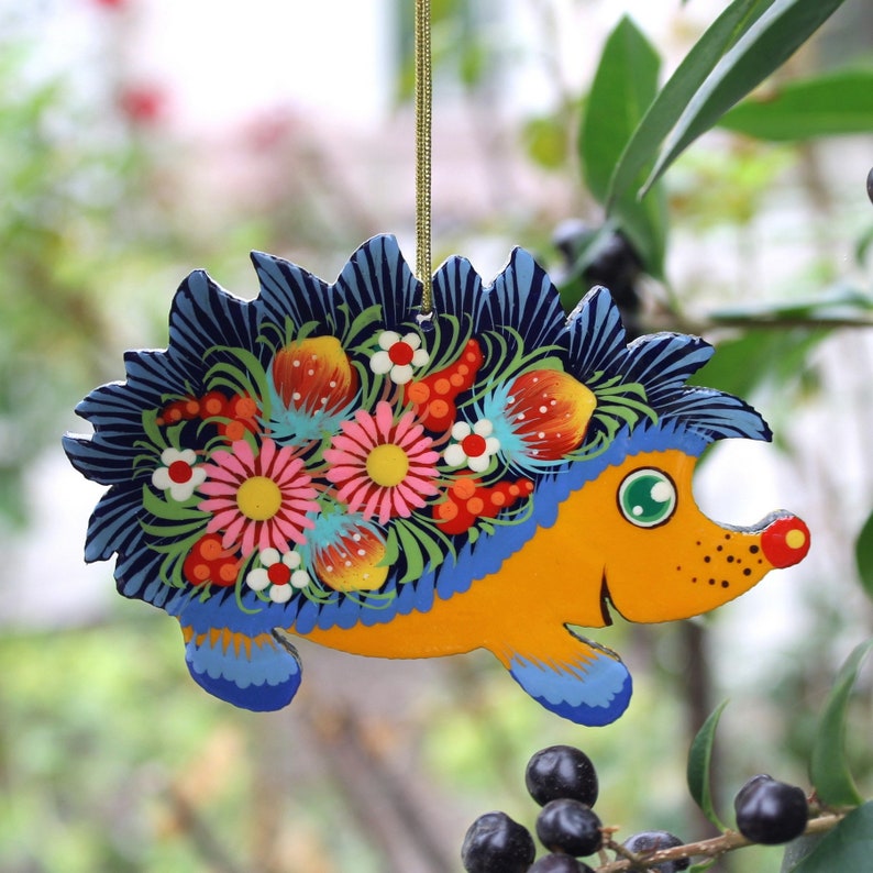 Hedgehog Christmas animal ornaments handmade of wood and hand painted in ukrainian Petrykivka style image 2