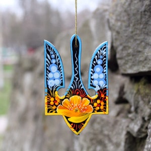 Ukrainian trident Ornament wooden Tryzub pendant hand painted on both sides, as car decoration or Christmas ornament,