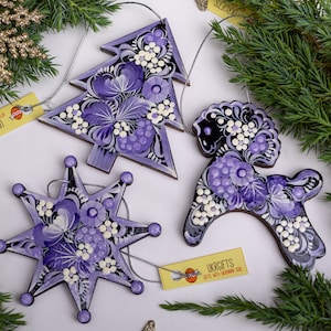 Exclusive wooden Christmas ornaments Horse, Star, Tree wooden Christmas decorations hand painted in ukrainian tradition Petrykivka painting