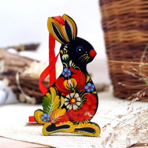 Easter rabbit decoration - original hand painted Easter bunny ornaments Easter wooden decorations, ukrainian artisanat Petrykivka
