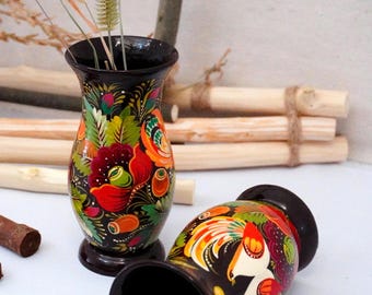 Pequeño jarrón de madera de haya Pintado a mano con pintura ucraniana Petrykivka Patrón de pájaros y flores Pintura campesina Decoración Hermoso regalo