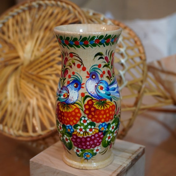 Small Handcrafted Beech Wooden Vase With Ukrainian Petrykivka