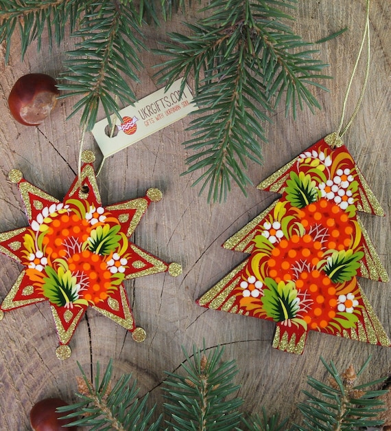 Original Hand Painted Christmas Ornaments, Christmas Star, Tree, Wooden  Christmas Decorations, Unique Handcrafted Wooden Ornaments 