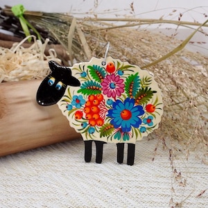 Sheep Easter Ornament Wooden Hand Painted Lamb Flat Decorations Easter Animal Hanging Floral Ornaments, Rustic Ukrainian Petrykivka Folk Art