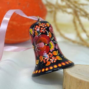 Christmas Bell Ornament Hand Painted Wooden Bells Tree Decorations with Floral Patterns Petrykivka Painting Folk Art Ukrainian Style Gifts