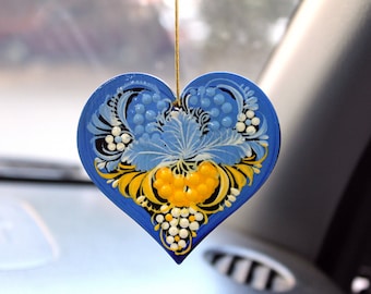 Ukrainian yellow-blue Heart Car Hanging - Ukrainian hand painted Easter, Christmas or Car decorations of wood traditional Petrykivka painted