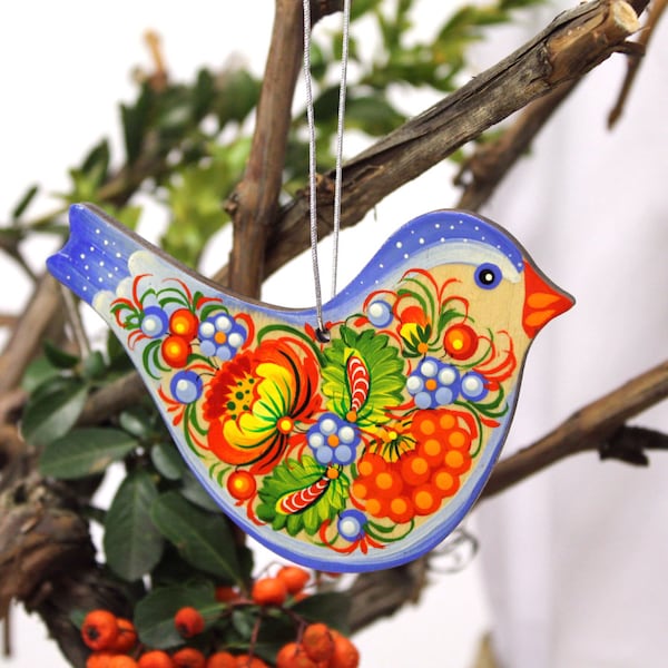 Bird Christmas ornament hand painted wooden birds Christmas decoration, traditional Ukrainian Petrykivka painting from Ukrainian shop