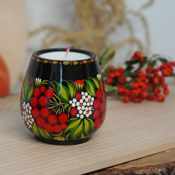 Decorative wooden candlestick decorated with Petrykivka painting, Ukrainian crafts, hand-painted candlestick nice gift