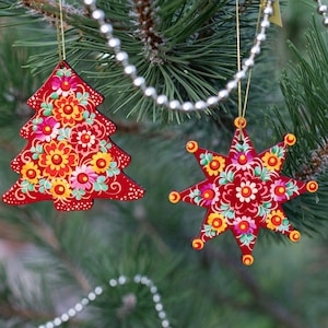 Ukrainian Folk Art Christmas Ornaments Set - Star and Tree Hand-painted Wooden Hanging Flat Decorations Floral Traditional Pattern