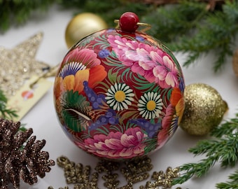 Hand painted Christmas ball with flowers pattern, wooden Ukrainian Christmas balls with Perykivka painting, Handmade baubles