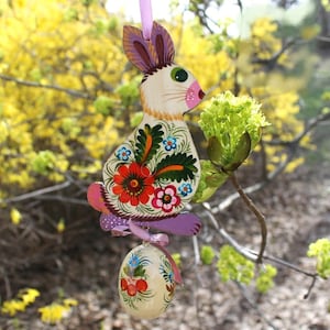 Handmade wooden Easter bunny -original wooden Easter rabbit- ornaments easter decorations, traditional ukrainian paynting, Petrykivka