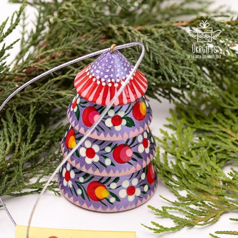 Cloches de Noël originales en bois sapins, décorations de Noël spéciales, cloches originales faites à la main, artisanat Violet