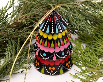 Wooden Christmas bell hand painted- christmas ornaments, tree decorations, wooden bell shaped as Christmas tree with Petrykivka painting