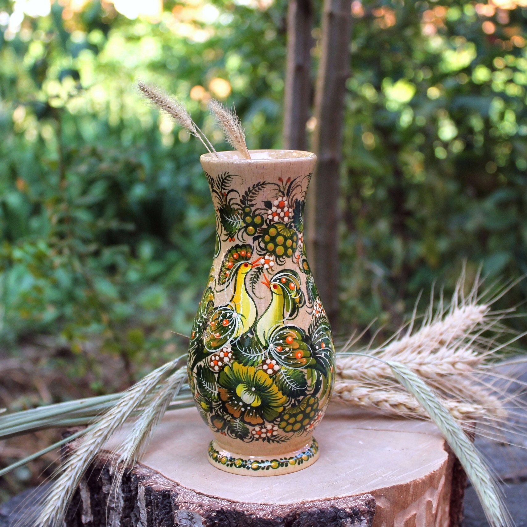 Hand Painted Wooden Vase Wonderful Birds Ans Flowers of Ukrainian