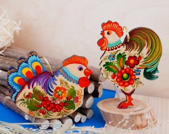 Ensemble de décoration de Pâques durable en bois - coq, poulet - artisanat traditionnel ukrainien - œufs de Pâques en bois peints à la main