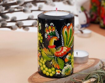 Decorative wooden candlestick decorated with Petrykivka painting, Ukrainian crafts, hand-painted candlestick nice gift